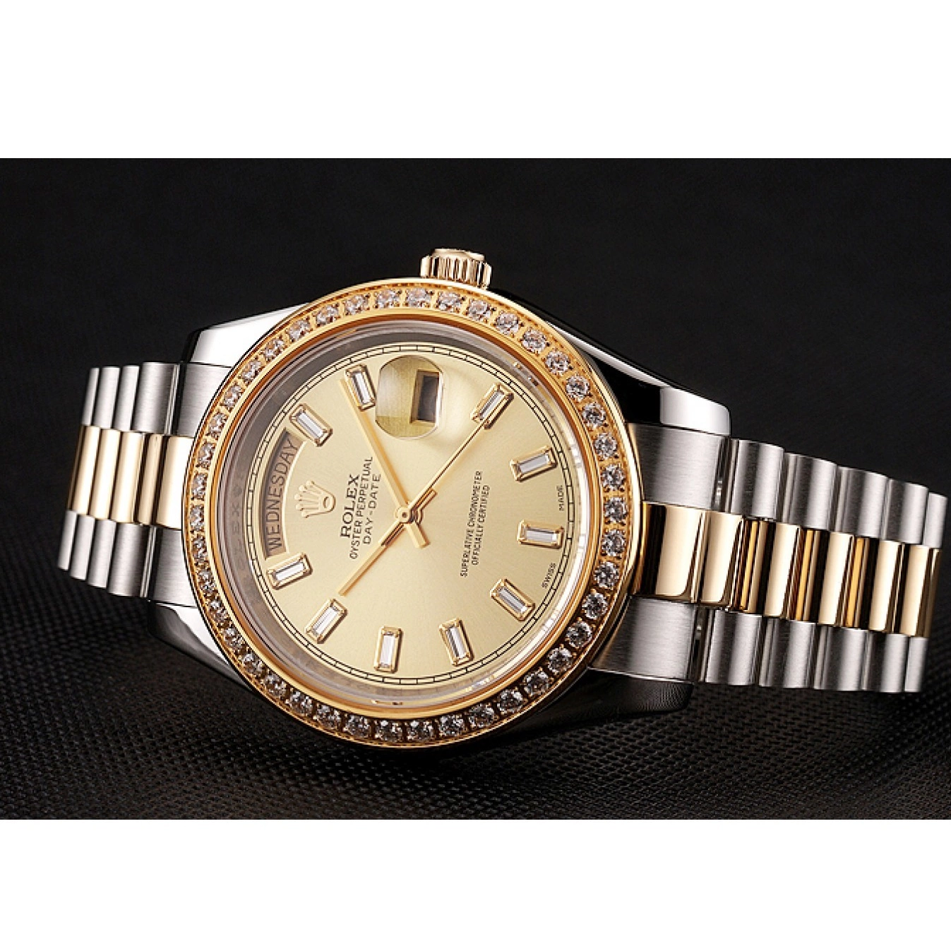 Aaa fake watches Two Tone 1454103 Day-Date Diamond Dial Bracelet Swiss Bezel Rolex Champagne 0712